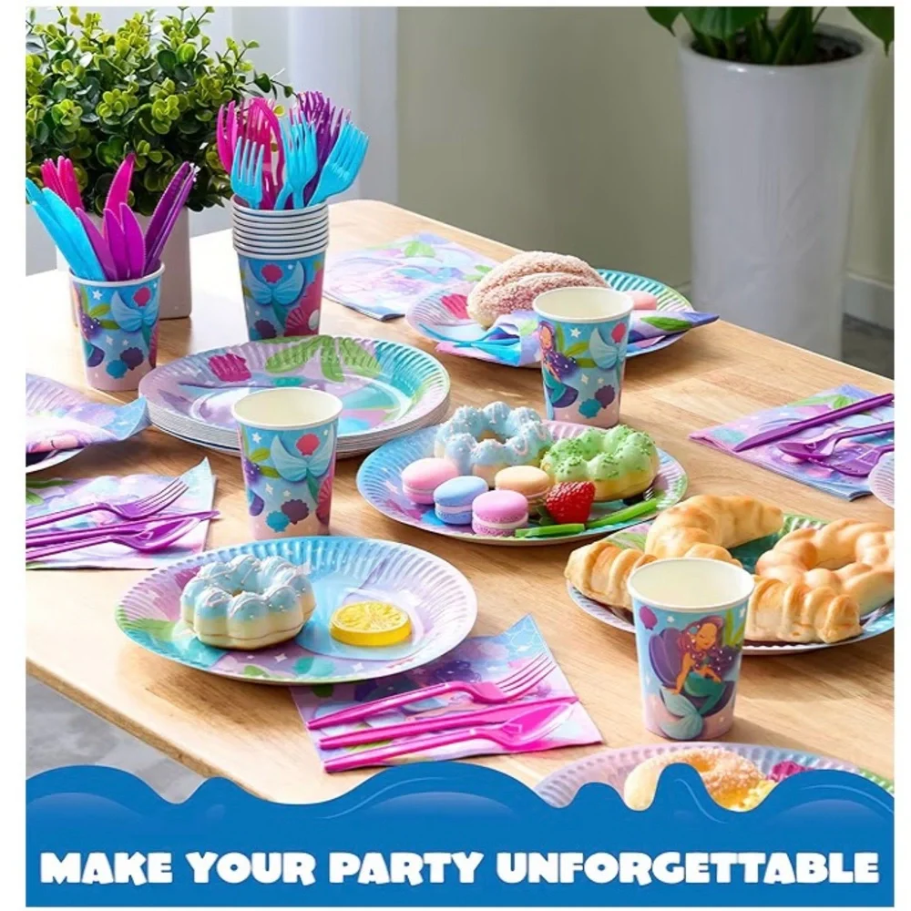 145 Pc Mermaid Birthday Party Supplies with Banner, 24 Serves Tableware Set, New